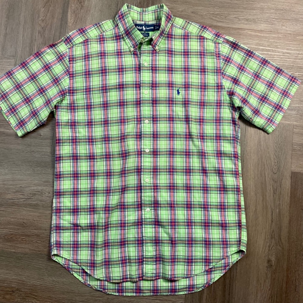 Vintage Ralph Lauren Blake Plaid Short Shirt Mens Medium Green Red Preppy Classy - Picture 2 of 7